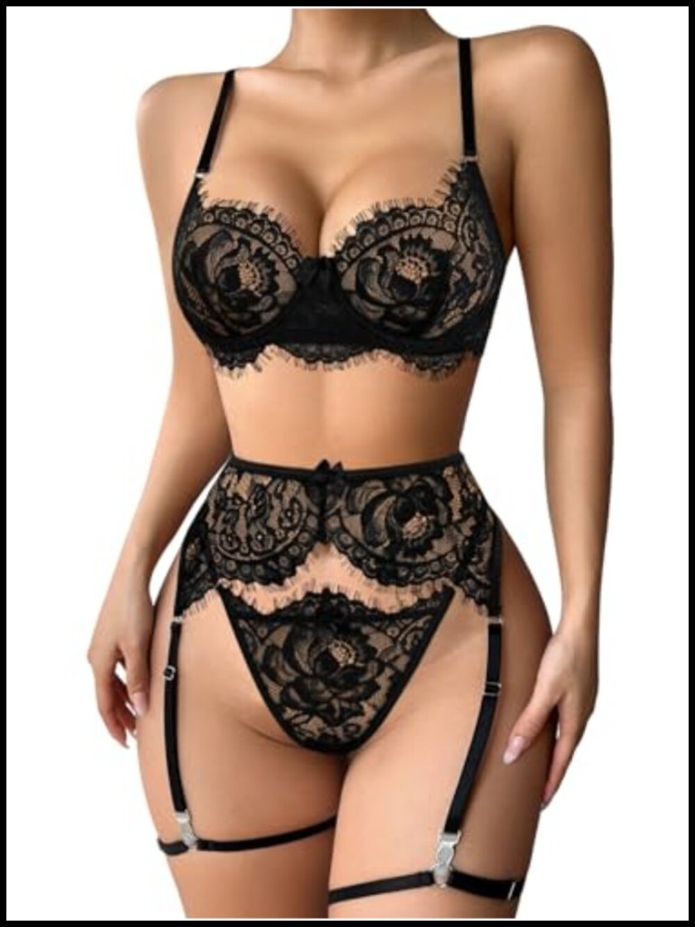 Floral Embroidery Mesh Sheer Underwire Push Up Garter Belt Lingerie Set 3 Piece